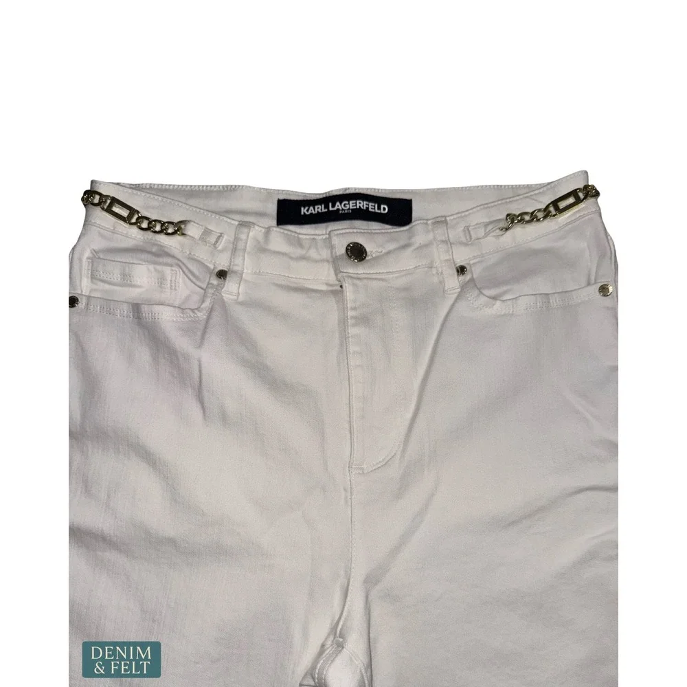 NEW Karl Lagerfeld Paris White Straight Leg Jeans Gold Chain Detail High Rise - Picture 4 of 9